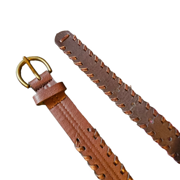 Vintage Faux Vegan leather brown woven skinny western belt gold brass M 34 - Picture 4 of 6